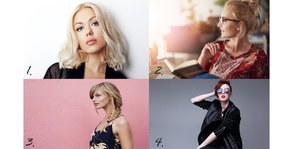 A collage of four images: 1. A woman model with blonde wavy hair wearing a black top. 2. A woman model with blonde hair in a bun holding a book at a desk. 3. A woman model with blonde hair in a fishtail braid against a pink wall. 4. A woman model with short red hair wearing a black leather jacket and glasses.